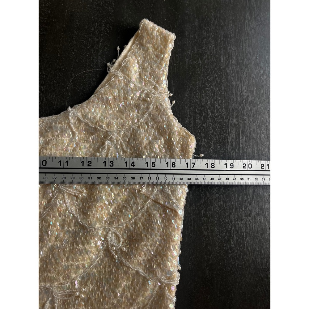 Vintage Wool Sequin Beaded Fringe Shell Top Cream Iridescent Small Flapper - Picture 12 of 14